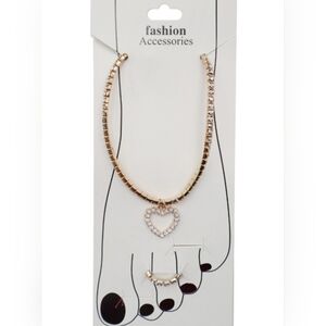 Heart Rhinestone Embellished Gold Chain Dangle Metal Anklet and Toe Ring Set